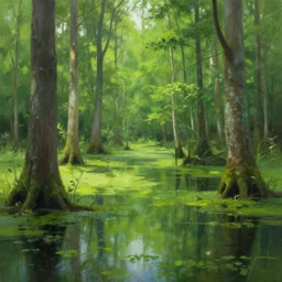 beautiful green swamp, by jeremy mann, by greg rutkowski, by noah bradley, digital painting