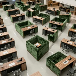 huge sprawling gargantuan angular dimension of infinite indoor landscape 7 0 s green velvet and wood with metal office furniture. surrealism, mallsoft, vaporwave. muted colours, 7 0 s office furniture catalogue, shot from above, endless, neverending epic scale by escher and ricardo bofill