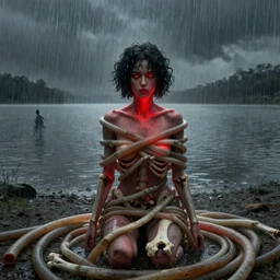 shore of the lake, woman, wrapped around by tubes, matrix rain, bones, short black curly hair, glowing red, by edgar maxence and ross tran, zdzisław beksinski, un and michael whelan, distant, gustav dore, h. r. giger, 8 k, octane render