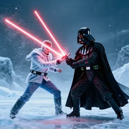 iceman blasting ice at darth vader who blocks with red lightsabre, arctic environment