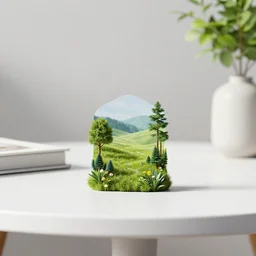 a small miniature of a Hinda Prelude 2.0 on a white table near a book and a vase with a plant, 3d render, octane render, unreal engine 5, path tracing, serene landscape, calm, relaxing, beautiful landscape, highly detailed, high quality, 4k, symmetrical, low contrast, centered