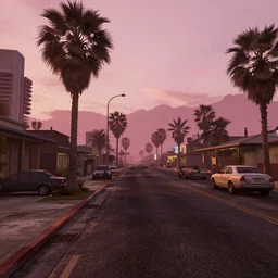 hdr map of gta san andreas evening, pink sky, photorealistic, hyper detailed, hyper realistic, houdini, vfx, unreal engine 4, octane render, 8 k