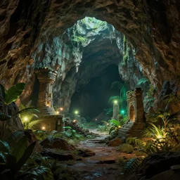 interior of a cave with ancient ruins and plants with lights, retrowave epic art, trending on artstation, cgsociety