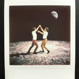 instax polaroid film photo of two men dancing on the moon, faded glow, expired film analog photography, grainy texturized dusty, saturated colorized
