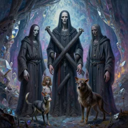 painting of a creepy family wearing long robes, intercrossed humans, mixed animal, in a beautiful crystal caverine, by giger, zdzislaw beksinski, frank frazette, cold hue's, amazing colorful background, digital art, concept art, animal painting, beautiful composition 3 - d 4 k,