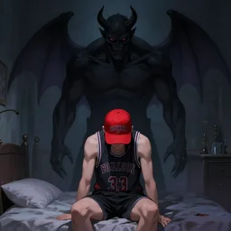 big demon shadow figure standing behind someone making the bed wearing a red basketball cap, nightmare digital art, artstation, ultra detailed, beautiful aesthetic art