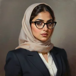 epic professional digital art of a very attractive female hyderabadi female wearing a woman's business suit and cat eye glasses and head covering, painting, by leesha hannigan, iris van herpen, artstation, cgsociety, wlop, epic, much wow, much detail, gorgeous, detailed, cinematic, masterpiece