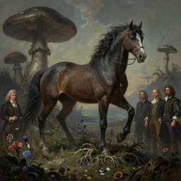 a beautiful digital landscape painting of a detailed gothic fantasy horse and roots, dark mushroom, flowers by benoit b. mandelbrot, steven belledin, martin johnson heade, lee madgwick, caspar david friedrich, and david rios ferreira. 8 k resolution trending on artstation concept art digital illustration