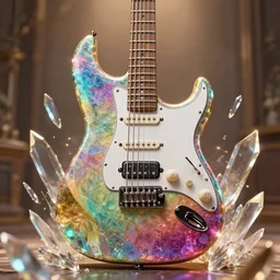 a photo of 8 k ultra realistic corrupted rainbow shard electric guitar, swarm of transparent glass shards, d & d, fantasy, cinematic lighting, highly detailed, artstation, concept art, smooth, sharp focus, illustration, warm light, cozy warm tint, magic the gathering artwork, volumetric lighting, art by akihiko yoshida, greg rutkowski