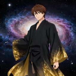 a man with with brown hair, wearing a black robe with the tips made of gold, setting in space with a galaxy in the backround, anime, trending on artstation, high quality