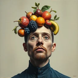 a pseudo, metaphoric painting of a man with fruit on his head by jonathan solter, featured on reddit, assemblage, mixed media, strange, stunning