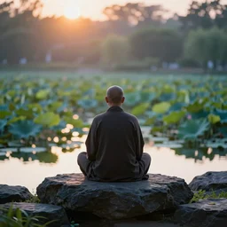 a zen master quietly sitting in a rock garden overlooking a pond of lilly pads during a sublime sunrise, his dark silhouette defocused with bokeh, colorful masterpiece photograph,