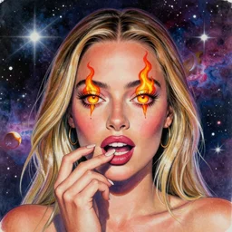 a sketch, ultra detailed, colorful, magic, cosmos, beautiful woman, eyes with fire, similar to margot robbie lick chupa chups, surreal, in style of jean - michel basquiat, trending on artstation