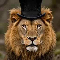 a beautiful close - up shot from a fantasy film of an anthropomorphic lion wearing a top hat. joseph ducreux, greg rutkowski.