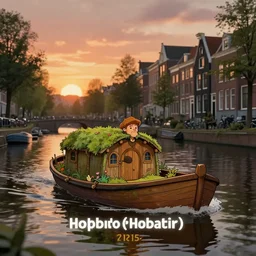 a beautiful hobbit boat sailing over a river in amsterdam during sunset, cartoon, trending on artstation, award winning, moody light,