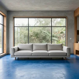 hyper realistic image of a living room with a sofa in the middle and a large window behind, blue oxide flooring, concrete, glass, wood