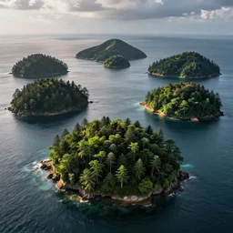 photograph of several forested islands surrounded by ocean. Realistic.