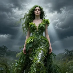 dress made of plants, green plant hair woman, solemn, female, rising from forest, high detail, high contrast, extreme close up portrait, dissolve, storm clouds, god rays, d & d, fantasy, elegant, silver green color palette, cinematic, concept art, annie leibovitz, roger deakins, greg rutkowski, alphonse mucha