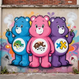 the care bears dressed like gang members smoking weed in the style of meres one graffiti art