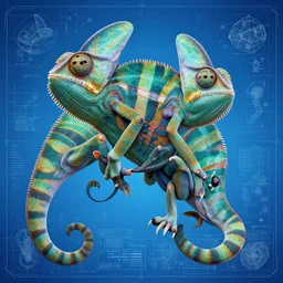 portrait of striped 2 meter tall anthropomorphic alien chameleon, in the style of Greg Broadmore and Arthur Rackham,trending on artstation, light lighting side view,digital art,surrealism ,macro,blueprint ,vaporwave ,