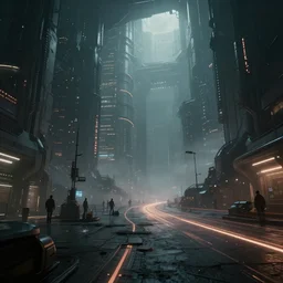 wide angle view of a dystopian underground cyberpunk city, highly detailed, digital matte painting, concept art, misty, dramatic lighting, illuminated lines, outrun, vaporware, octane render, artstation, 8 k, by federico pelat and liam wong and florian pasquier
