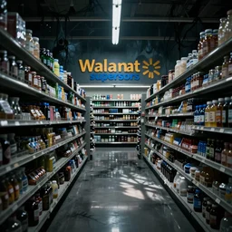 liminal space superstore, Wal Mart, dark, spooky, nothing on shelves, eerie