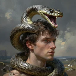an intricate concept illustration of a serpent with open mouth, around man's head, by wlop, artstation, cgsociety, hyper realistic, photorealistic, digital painting