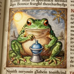 medieval illustration of a frog practicing alchemy, illuminated manuscript