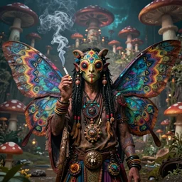 8K Portrait of centered chest up of a psychedelic godlike mothman shaman with moth face and giant mandala wings smoking a hand-rolled cigarette smoking heavily , magic mushroom village in background , post-processing , award winning. superb resolution. in the art style of junji Ito and greg rutkowski . Detailed Mushroom city in background. Hyper realistic anime. Perfect art. Dalle2