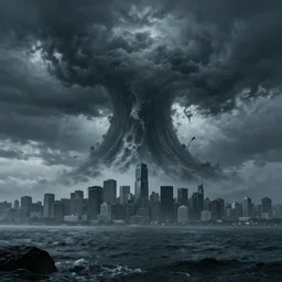 a large ominous tsunami in the distance of a city skyline, ominous, eerie, death, craig mullins