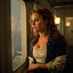 movie still of a sofia vergara sweaty looking out a window, titanic ship interior, directed by Quintin Tarantino