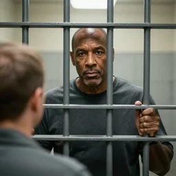 A photograph of the viewer looking at Steve Harvey who is behind metal bars in Jail