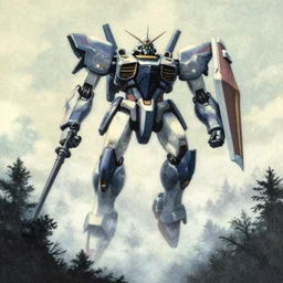 a close - up grainy, risograph photo, hyper light drifter, a big evangelical gigantic mecha, floating above foggy forest, style by moebius and kim jung gi