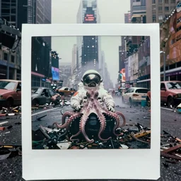 faded photographs of octopus wearing white spacesuit in postapocalyptic abandoned destroyed times square, wrecked buildings, destroyed flipped wrecked cars, underwater polaroid photo, vintage, foggy, 1 9 8 5, neutral colors, rainy day, color photo by gregory crewdson