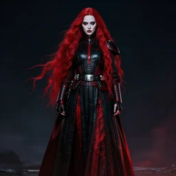 lily - rose depp as sith warrior, determined, powerful, pale makeup, long flowing bright red hair, wearing black and red imperial sith military robes, full body portrait, centered composition, digital art, 8 k, hypermaximalist, extremely detailed, cinematic, nighttime, dark lighting