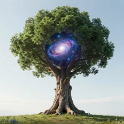 a giant glimmering tree with a big trunk that forms a round portal to otherworldly galaxies, rule of thirds, golden ratio, cinematic light, anime style, graphic novel by fiona staples and dustin nguyen, peter elson, alan bean, wangechi mutu, clean cel shaded vector art