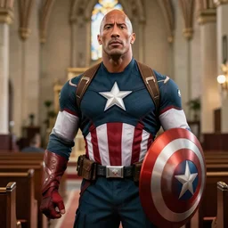 dwayne the rock johnson in a captain america costume in a church