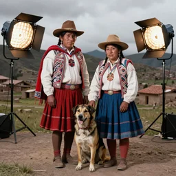 indigenous Cuzco Couple with Dog, Peru in 1950, andean clothing, unreal 5, hyper realistic, realistic, photo realistic, dynamic lighting, highly detailed, cinematic landscape, studio landscape, studio lighting