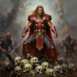 beautiful portrait oil painting, jason momoa conan the barbarian thor standing on huge pile of skulls in dystopian battlefield of zombies, wearing royal crimson fantasy ornate spartan dragon scale armor, wet skin and hair, muscular!!!, battle action pose, frank frazetta, boris vallejo, greg rutkowski, beautiful cinematic light, low angle, frank miller, ridley scott, high contrast
