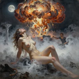One Thousand Years Of Longing,illustration, chaotic, sexy, mist, volumetric lighting, Eros, desirable, a nuclear explosion background, a moon, soft lighting, soft details, painting oil on canvas by Edmund Blair Leighton and Charlie Bowater octane render, HDR, trending on artstation, 4k, 8k, HD