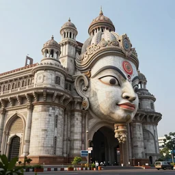 high quality 3 d render sci - fi neoclassical mumbai, kalighat hanuman!! head building, highly detailed, cinematic smooth unreal engine, lee madgwick, hard morning light, long shot, low angle, uhd 8 k, sharp focus