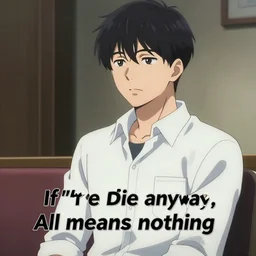 inspiring speech. wait... if we're gonna die anyway, it all means nothing, right? grim, hyperrealistic anime background illustration by kim jung gi, extremely detailed faces, intricate linework, smooth, super sharp focus, bright colors, high contrast, matte, octopath traveler, studio ghibli, unreal engine 5 highly rendered, global illumination, radiant light