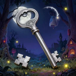 a very large silver key. fine detail. realistic. fireflies. full moon. colourful. folk horror art style. alice in wonderland