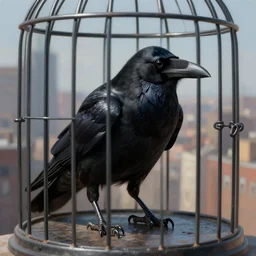 black raven in a cage, city landscape, digital painting, insane details, hyper - realistic, artstation, sharp, focus