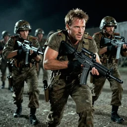 michael biehn chased by enemy soldiers, metal gear, 1 9 9 0, night, frantic, movie still