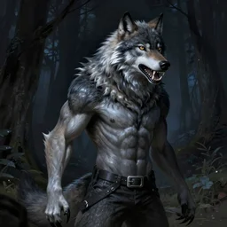 full figure beautiful young fit antrophomorphic male wolf, bared teeth and long claws, dark scene, by greg rutkowski and alphonse mucha, d & d character, gradient black to silver, in a forest at night, highly detailed portrait, digital painting, artstation, concept art, smooth, sharp focus illustration, artstation hq