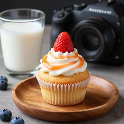 dslr food photography of a single strawberry cupcake, on a wooden plate, with white - orange - striped creme topping and a glass of blueberry milk on the side, macro shot, hasselblad, 1 0 0 mm f 1. 8, dynamic lightning