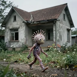 1 9 7 0 s photography, slimy and cancerous creature walking outside old abandoned house