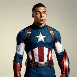 photo of mbappe wearing captain america's outfit, photography, filmic, cinematic, glamor shot