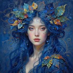 a beautiful woman portrait in indigo dream intricate detailed color oilpaint, 3 d render, hyper realistic detailed portrait, big flocking color leaves, thin color fractal tendrils, ornate leaves, elegant, intense colors, ruan jia, wlop. scifi, fantasy, hyper detailed, wide shot, octane render, concept art, by peter mohrbacher, by alphonse mucha, by w